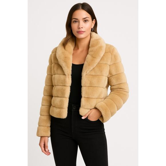 Ideology Faux Fur Crop Jacket Shawl Collar Beige Tan Coat Holiday Glam Party | M - Picture 1 of 11